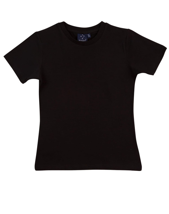 A black ladies' fitted stretch tee with short sleeves and a tag on the inside.