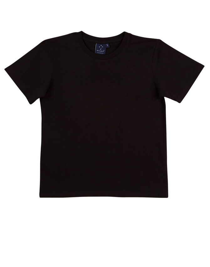 A black men's fitted stretch tee with a round neckline and short sleeves, featuring a logo on the label.