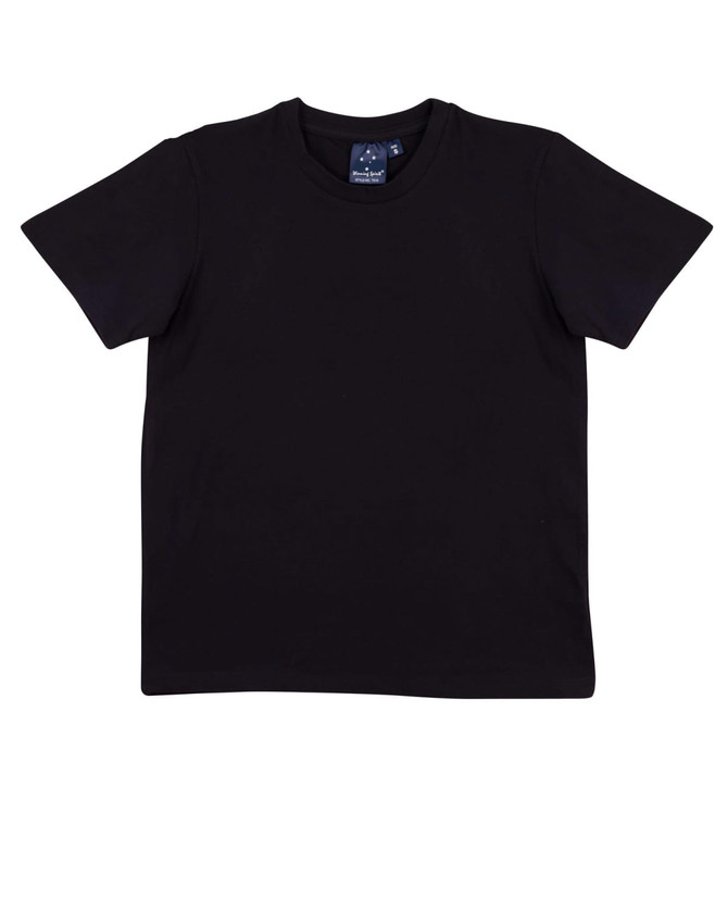 A black fitted stretch tee with short sleeves and a logo tag inside the neckline.