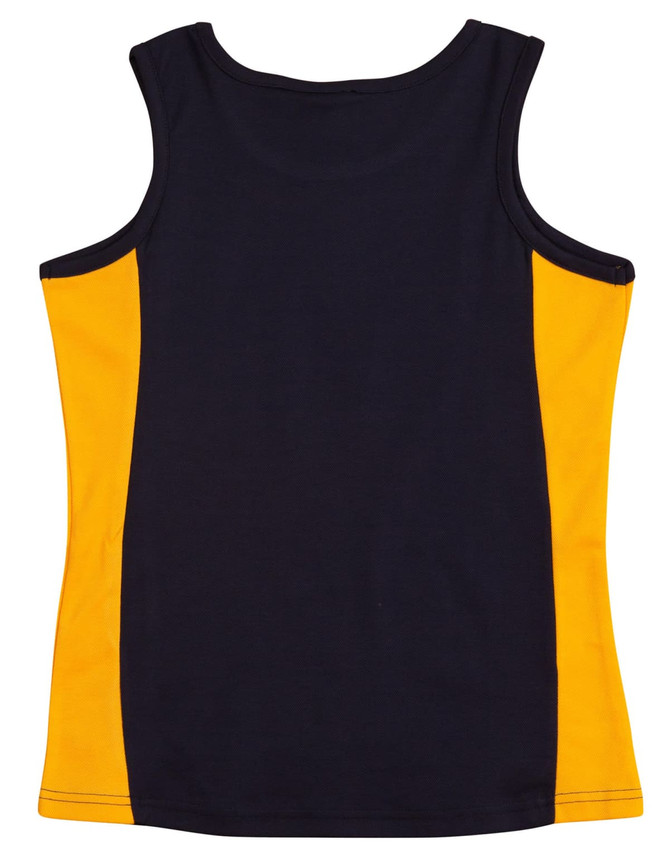 A dark navy and bright yellow ladies' singlet featuring a contrasting design and a logo.