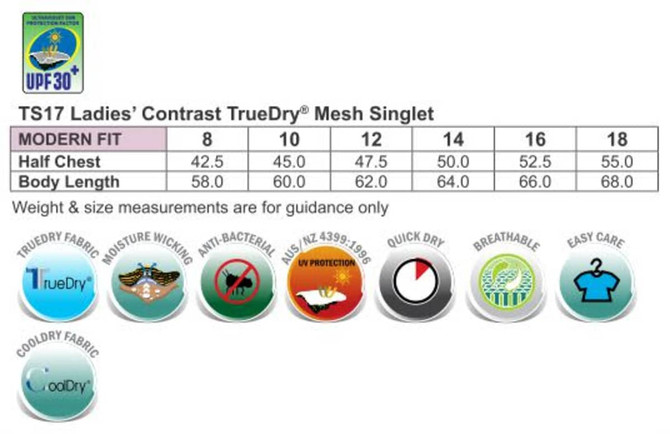 A promotional image of a ladies' contrast TrueDry mesh singlet featuring various colours and a logo.