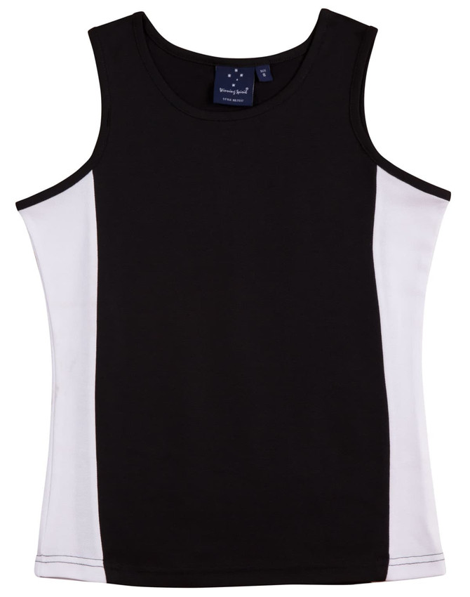 A black and white ladies singlet with a contrast design and a branding label inside.