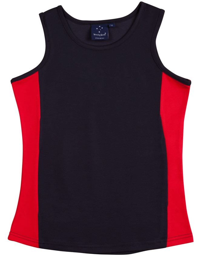 A sleeveless singlet featuring a black front with contrasting red side panels, and a tag on the inside.