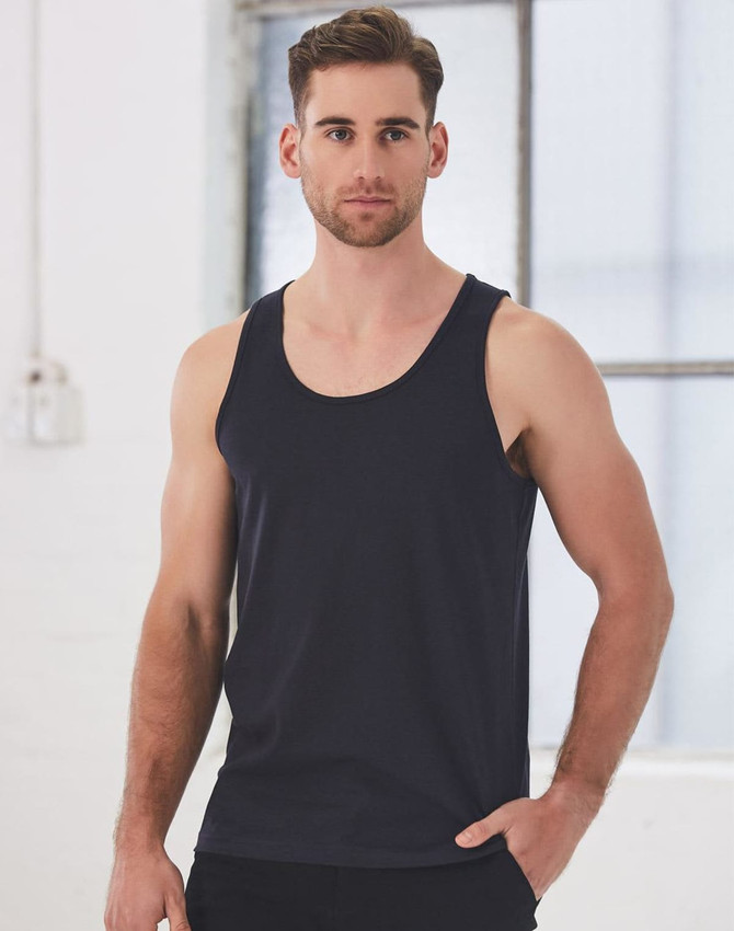 A men's cotton singlet in navy, featuring a simple design and a logo on the front.