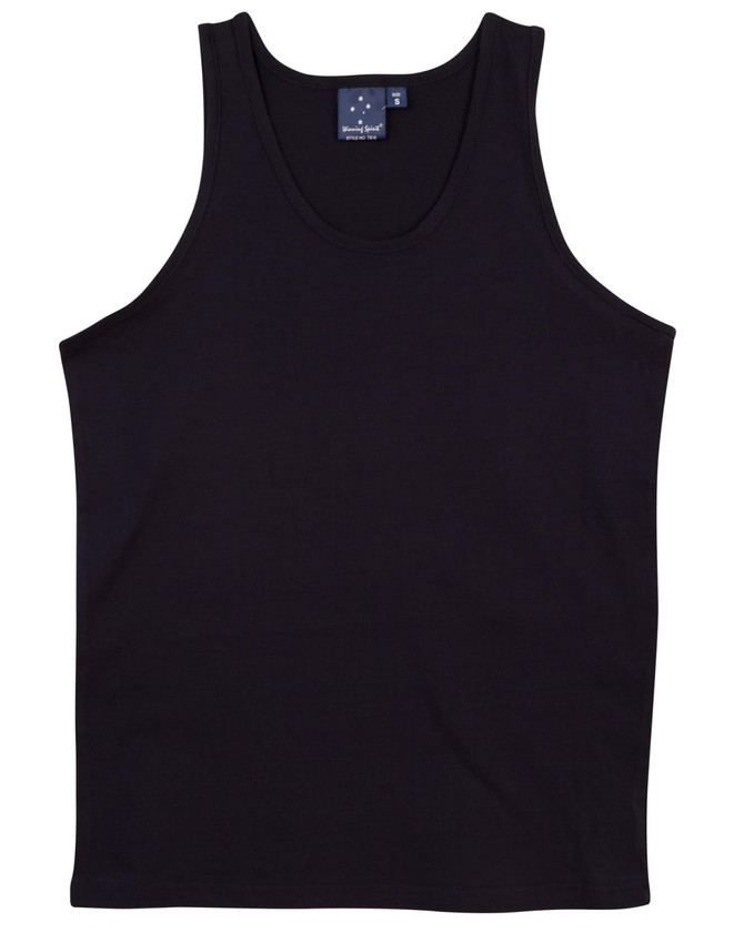 A black men's cotton singlet with a simple design and a small logo on the label.