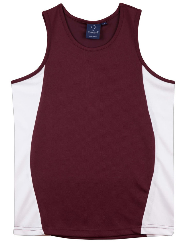 Men's cooldry contrast mesh singlet in maroon with white side panels. Features a branding logo on the label.