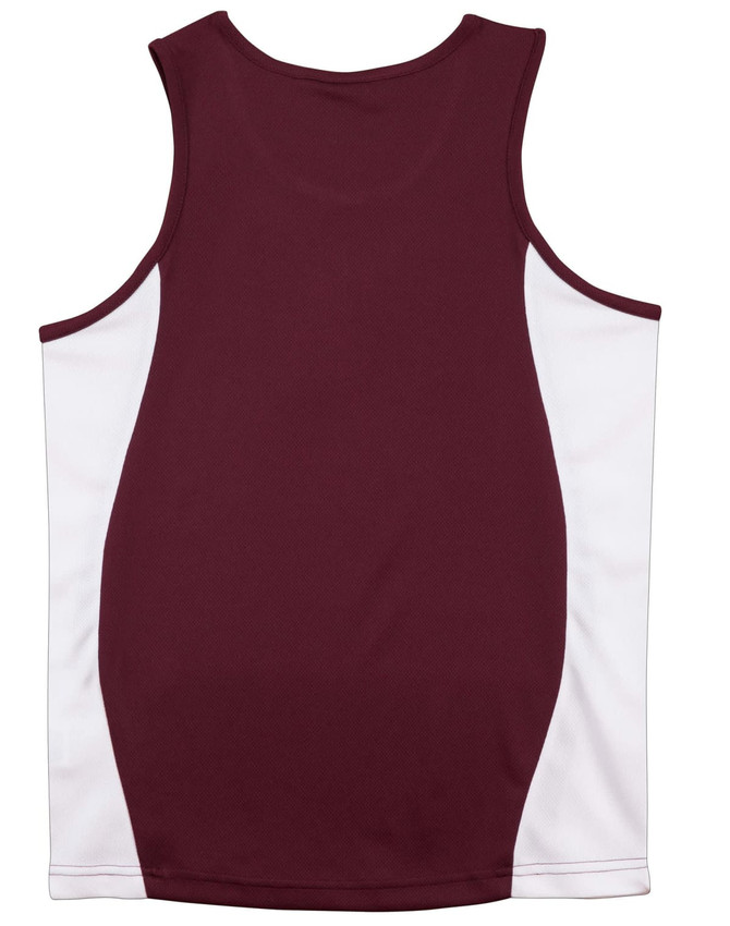 A maroon and white men's singlet featuring a contrast mesh design and a logo.