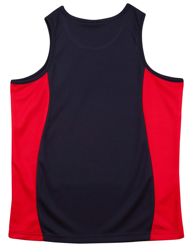 A sleeveless singlet featuring a navy blue base with red contrast panels, including a logo on the front.