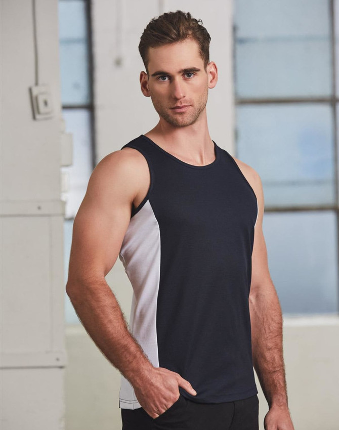 A men's singlet with a navy blue body and white contrast panel, featuring a logo on the front.