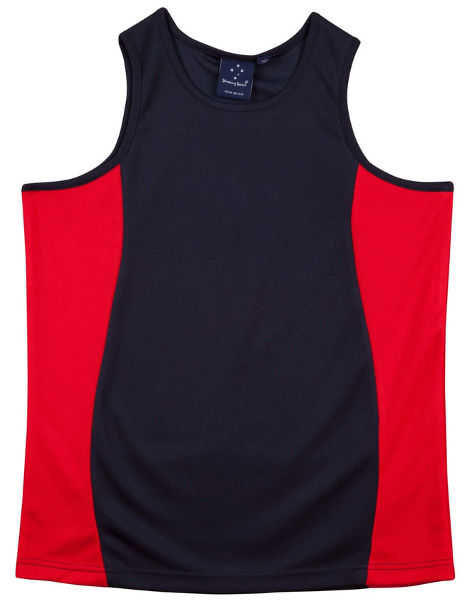 A sleeveless singlet featuring a navy body and red contrast panels, with a tag indicating branding.