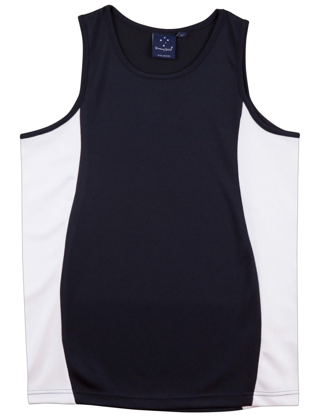 A black and white men's singlet featuring a contrast mesh design and a logo.