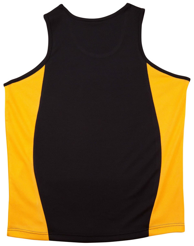 A black and yellow kid's singlet featuring a contrast mesh design and a logo on the front.