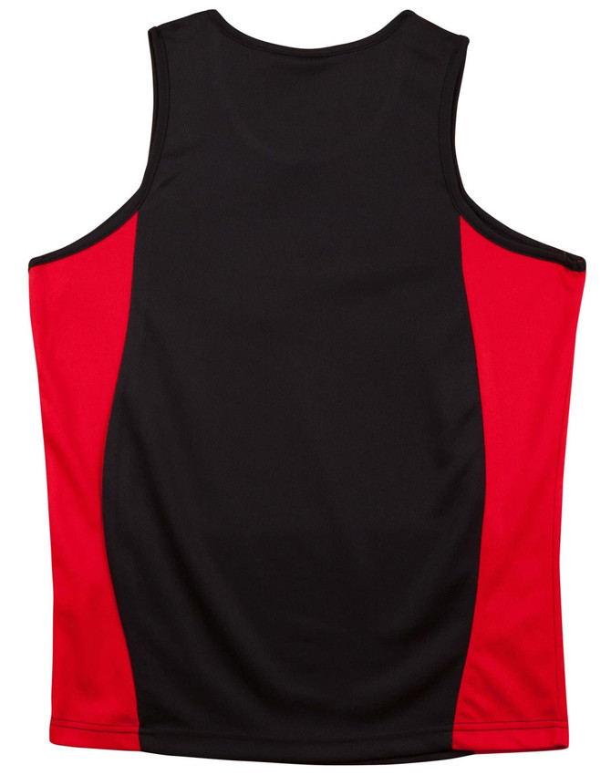 A black and red kids' singlet featuring contrast mesh panels and a simple design. It has a logo on the side.
