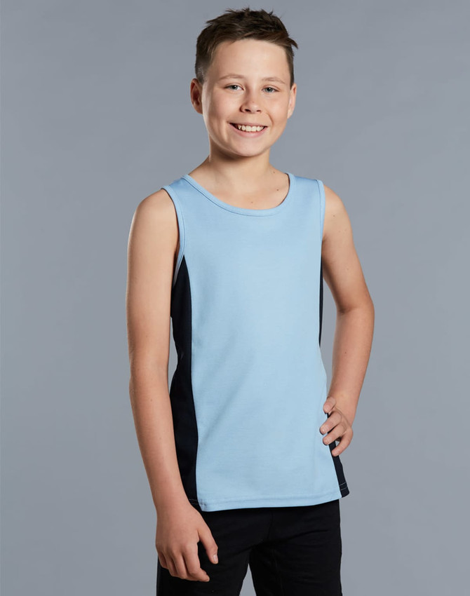 A light blue singlet with contrasting navy side panels, designed for kids. The model is smiling and posing.