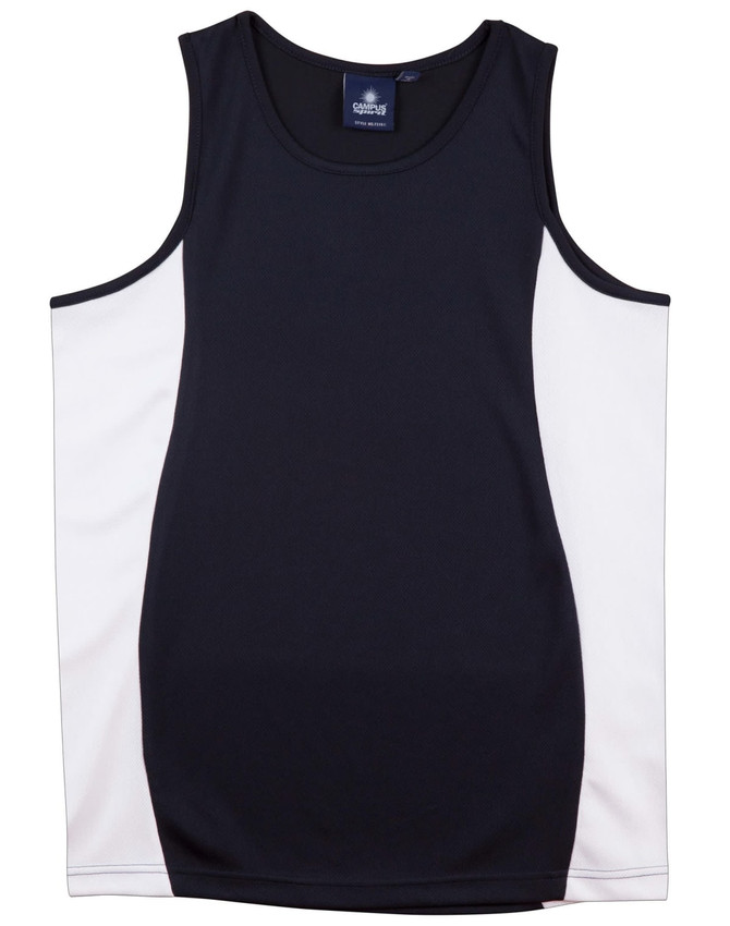 A black and white kid's singlet with a contrast mesh design and a logo. Suitable for active wear.