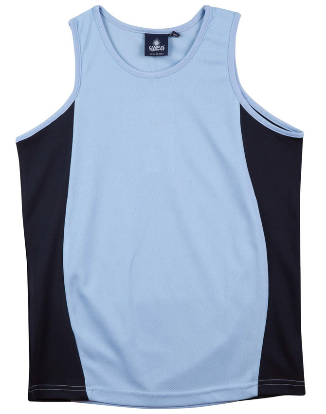 A light blue and black kid's singlet with a contrast mesh design and a logo label on the collar.