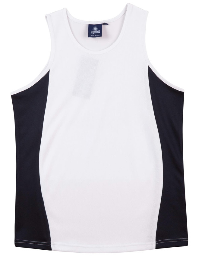 A kid's singlet featuring a white front with black mesh side panels and a logo.