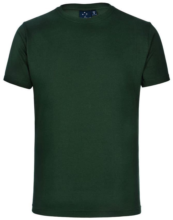 A green unisex cotton t-shirt with a classic crew neck and short sleeves. It features a logo on the label.