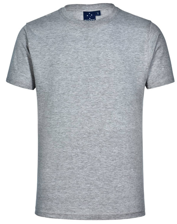 A plain beige unisex cotton T-shirt with short sleeves and a crew neckline, featuring a brand logo.