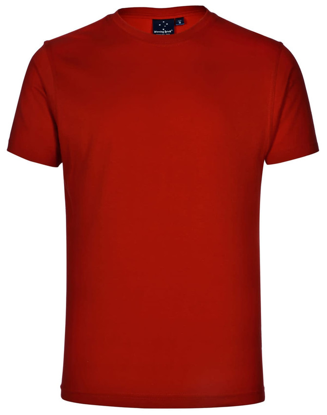 A bright red unisex cotton T-shirt with a crew neckline and short sleeves, featuring a logo.