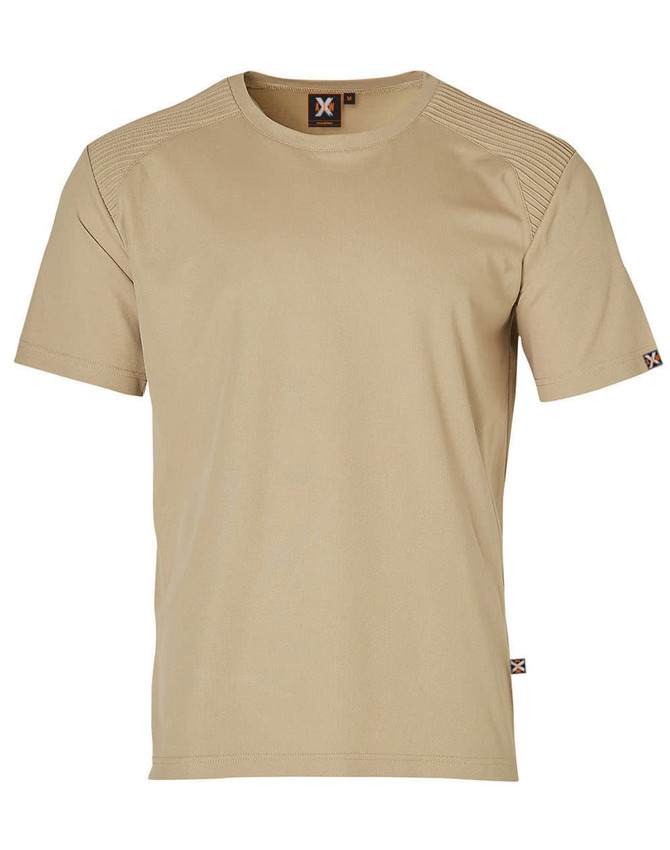 A beige short-sleeve work t-shirt featuring a logo on the front and a textured design on the shoulders.