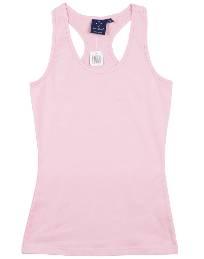 A pink ladies' fitted stretch singlet with a racerback design and a logo on the label.