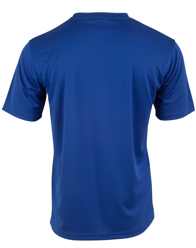 A blue men's short sleeve tee made from cooldry fabric, featuring a smooth design and a logo on the back.