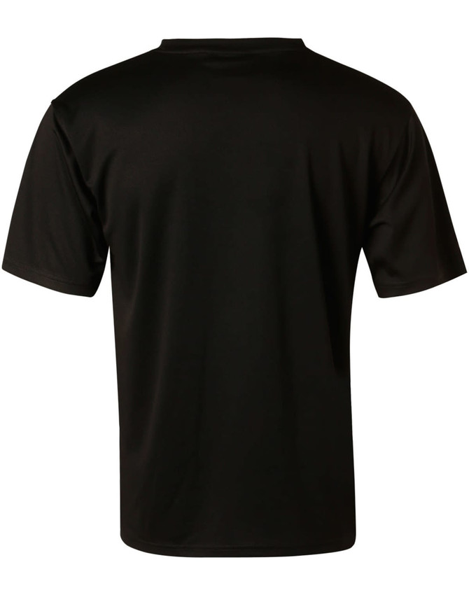 A black short sleeve tee with a smooth finish, featuring a branding logo on the back.