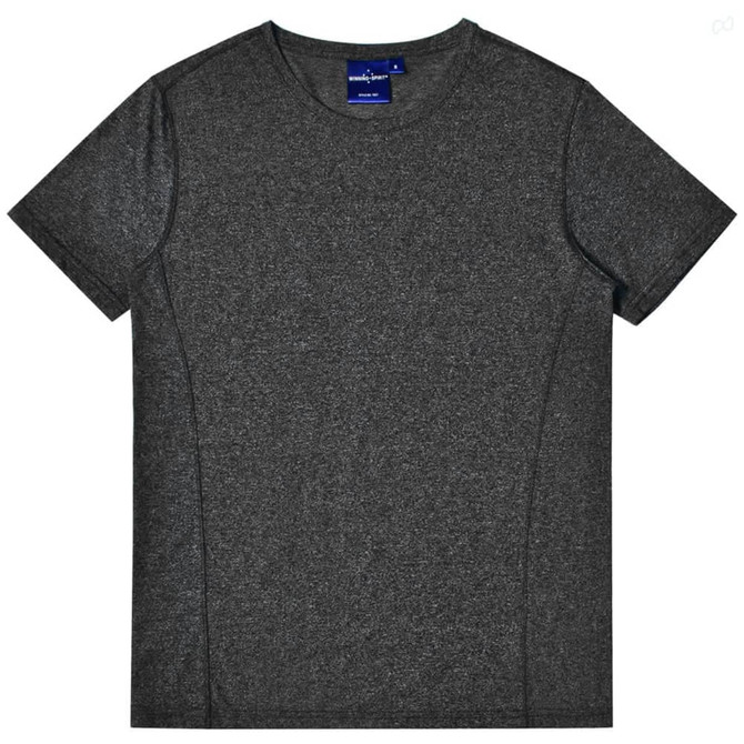 A grey heather short-sleeve T-shirt with a smooth texture and a logo on the neckline.
