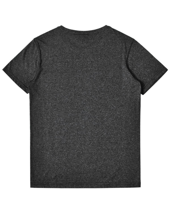A dark heather grey short-sleeve t-shirt for men with a plain back design and a logo.