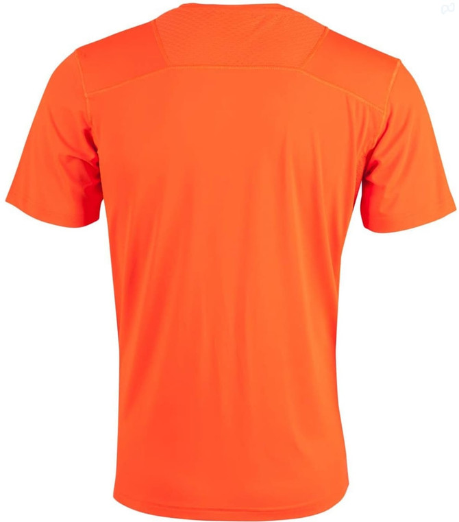 An orange Men's Cooldry Stretch Tee featuring a smooth, short-sleeved design and a logo on the back.
