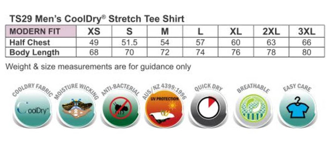 A chart detailing size measurements for the Men's Cooldry Stretch Tee, featuring various icons for fabric technology.
