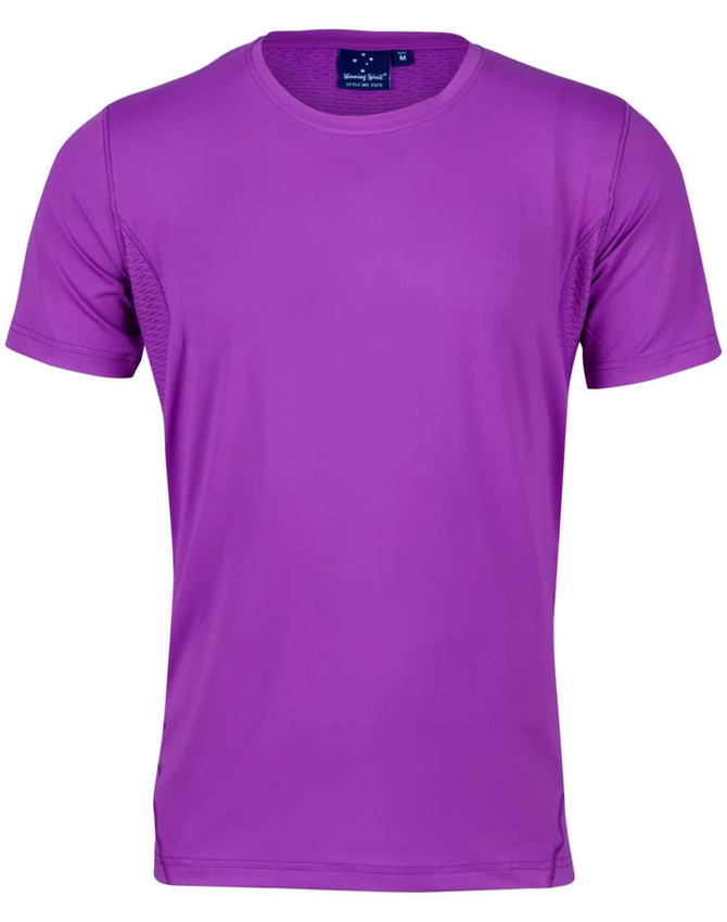 A purple Men's Cooldry Stretch Tee with short sleeves and a logo on the label at the neckline.