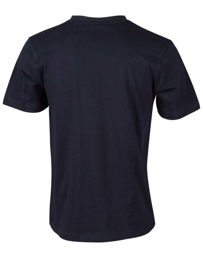 A men's cotton semi-fitted tee in navy blue, featuring short sleeves and a back view with a subtle logo.