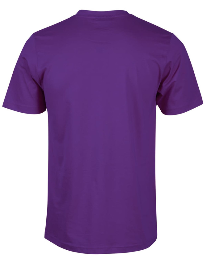 A purple semi-fitted men's cotton t-shirt with short sleeves and a plain back, featuring a logo.