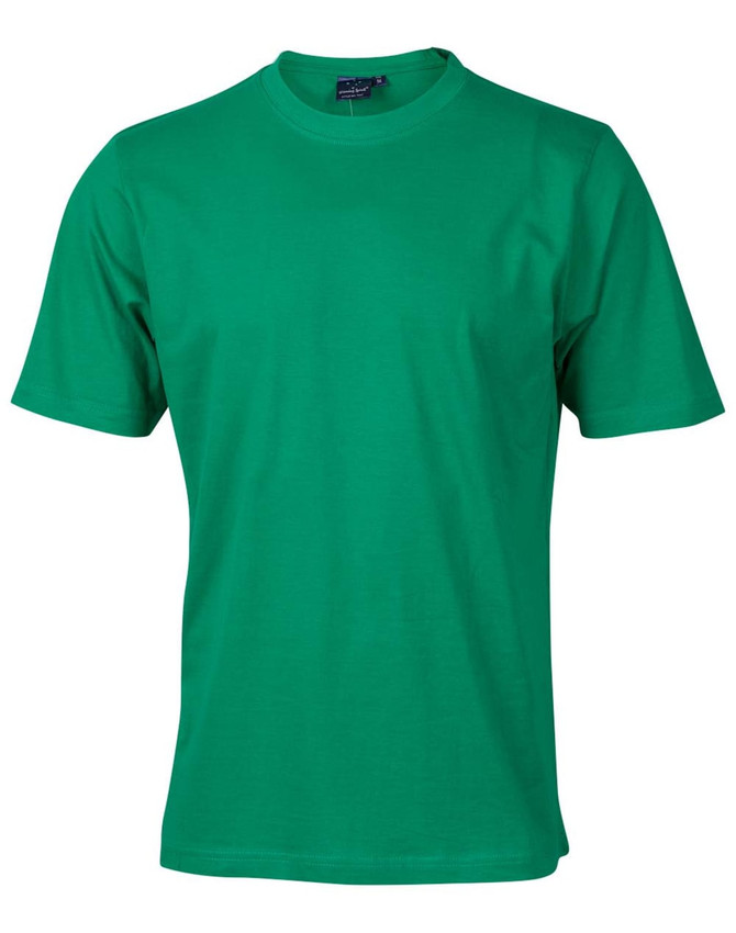A green semi-fitted men's cotton t-shirt with short sleeves and a crew neck. It has a logo.