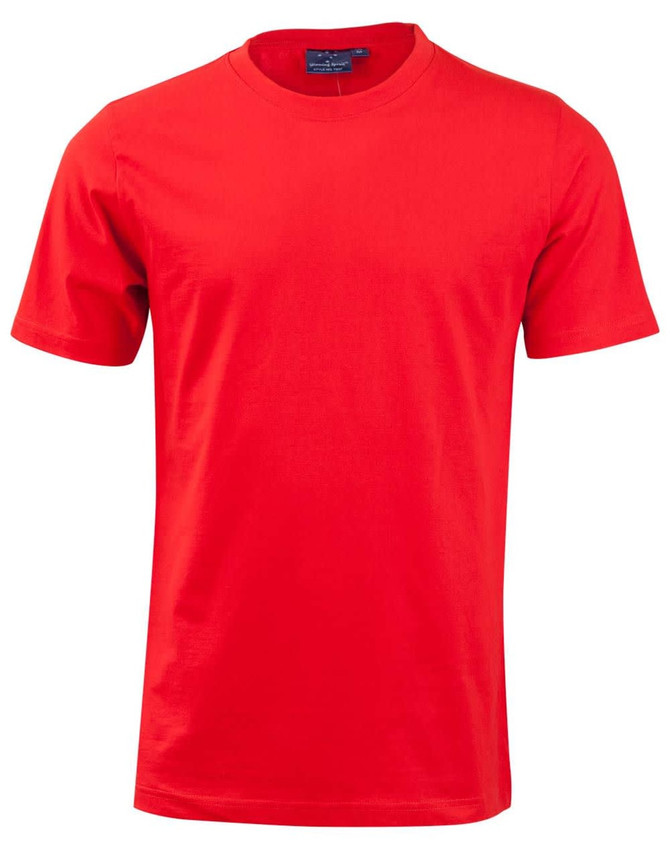 A red men's cotton semi-fitted tee with a crew neck and short sleeves. It features a logo on the upper back.