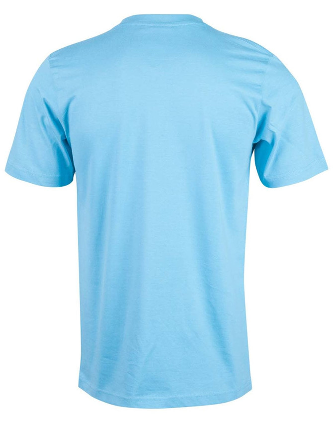 A light blue cotton semi-fitted t-shirt with short sleeves and a smooth back. It features a logo.