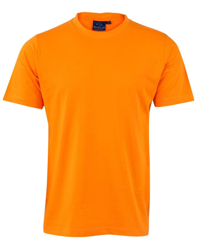 An orange, semi-fitted cotton T-shirt with short sleeves and a round neckline. It features a label inside the collar.