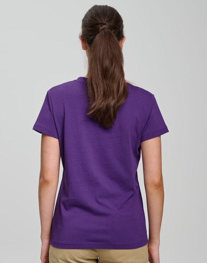 A purple semi-fitted women's cotton t-shirt with short sleeves, viewed from the back.