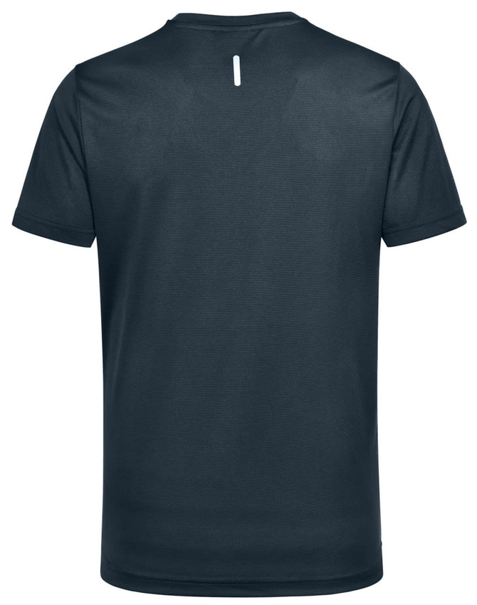 A men's short-sleeve performance tee in navy blue, featuring a logo on the back. Lightweight design suitable for activewear.