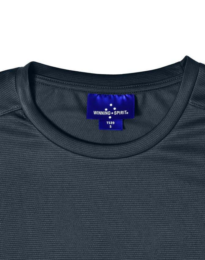 A close-up of a dark grey men's lightweight performance short-sleeve tee with a logo tag at the neckline.
