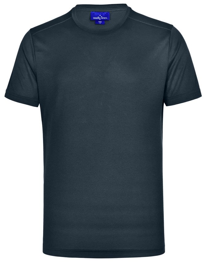 A navy blue men's short-sleeve performance t-shirt featuring a brand logo. Made from lightweight fabric.