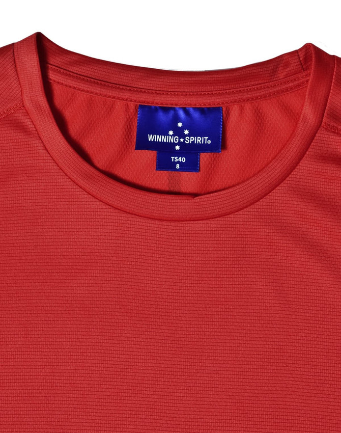 A red lightweight performance women's T-shirt with a round neckline and a logo on the label.