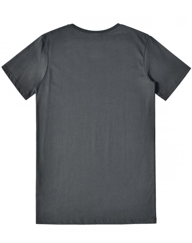 A dark grey men's premium cotton t-shirt featuring a simple design and short sleeves. It includes branding on the back.