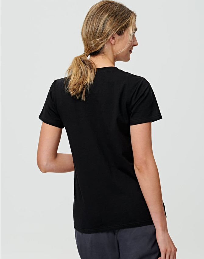 A black ladies' premium cotton tee with a classic fit, featuring a logo on the back.