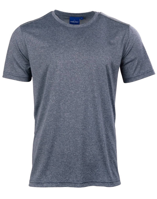 A grey short sleeve tee featuring a simple design and a logo on the tag. Ideal for casual wear.