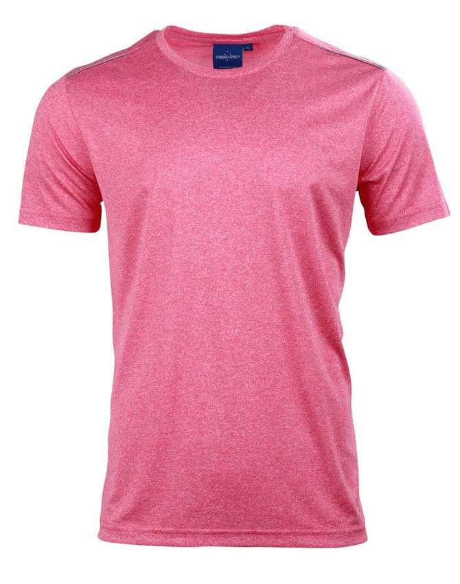A short sleeve t-shirt in a bright pink hue with a logo on the neckline.