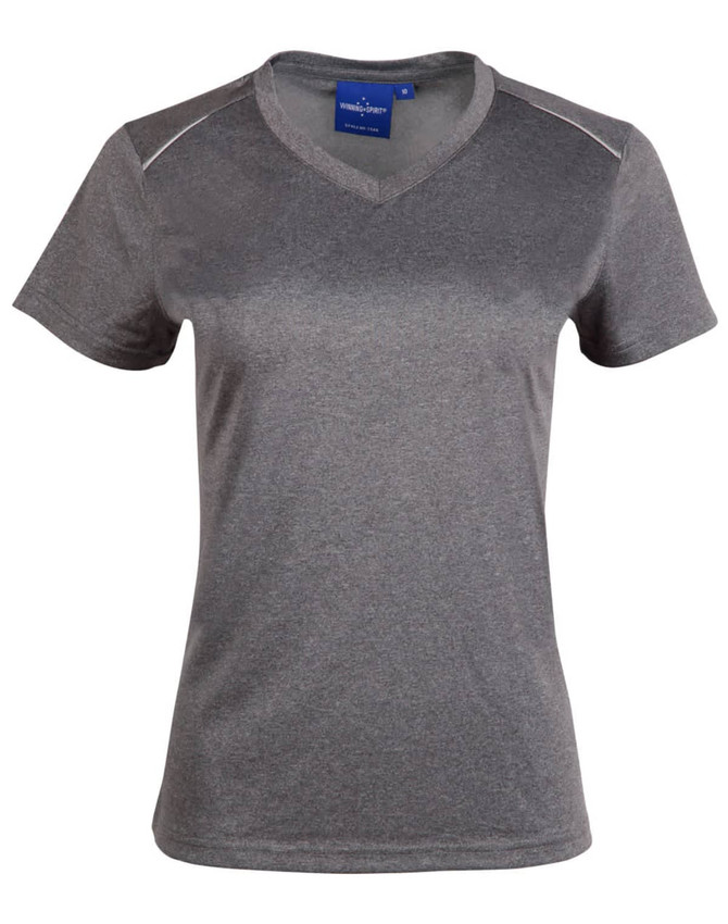 A grey short sleeve women's t-shirt with a V-neck design and decorative stitching, featuring a logo on the label.