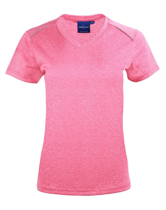 A pink short sleeve tee with a v-neck design and shoulder detailing, featuring a logo on the label.
